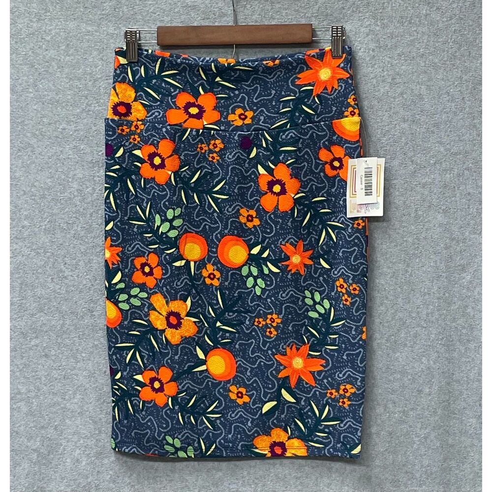 LuLaRoe Cassie Pencil Skirt S Blue Orange Floral Stretch Knee Length NWT